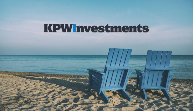 2 deckchairs on a beach with a blue sky and KPW Investments logo