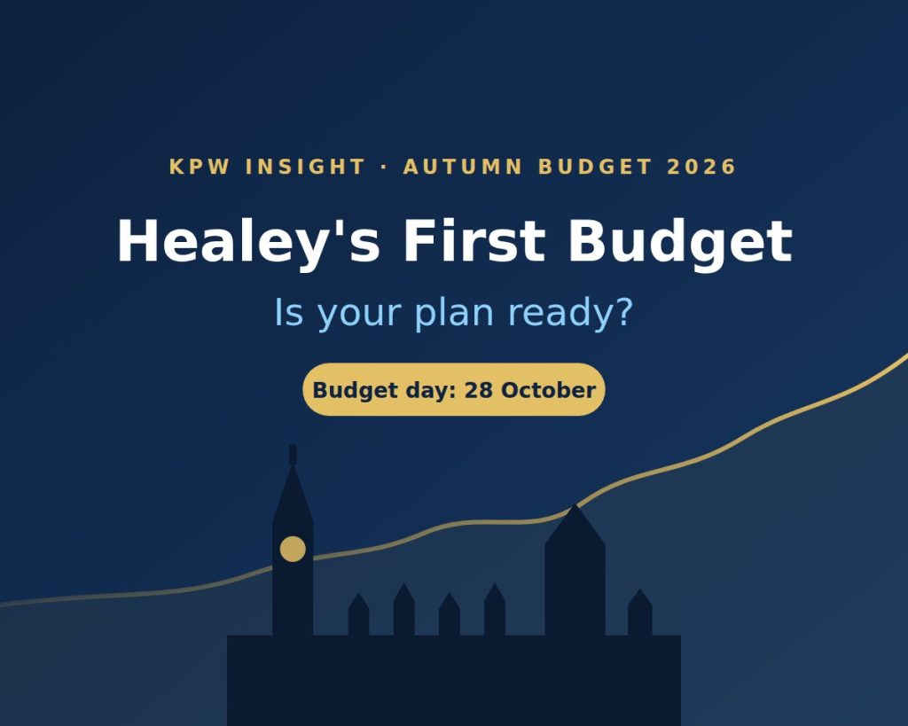 KPW Insight graphic: Healey's First Budget, Budget day 28 October, with Westminster silhouette and rising gilt yield line